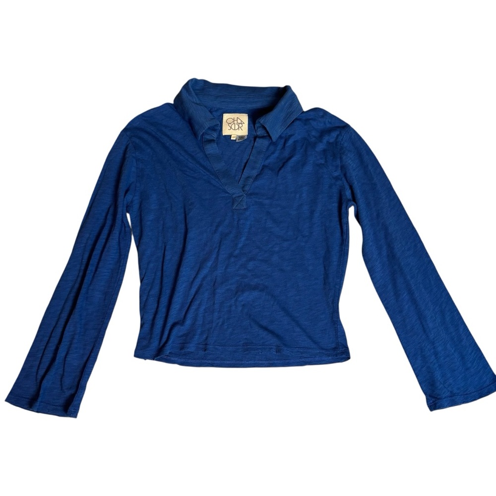NEW Chaser Cropped Blue Henley Polo T-Shirt Size Small Long Sleeve Casual NWT
